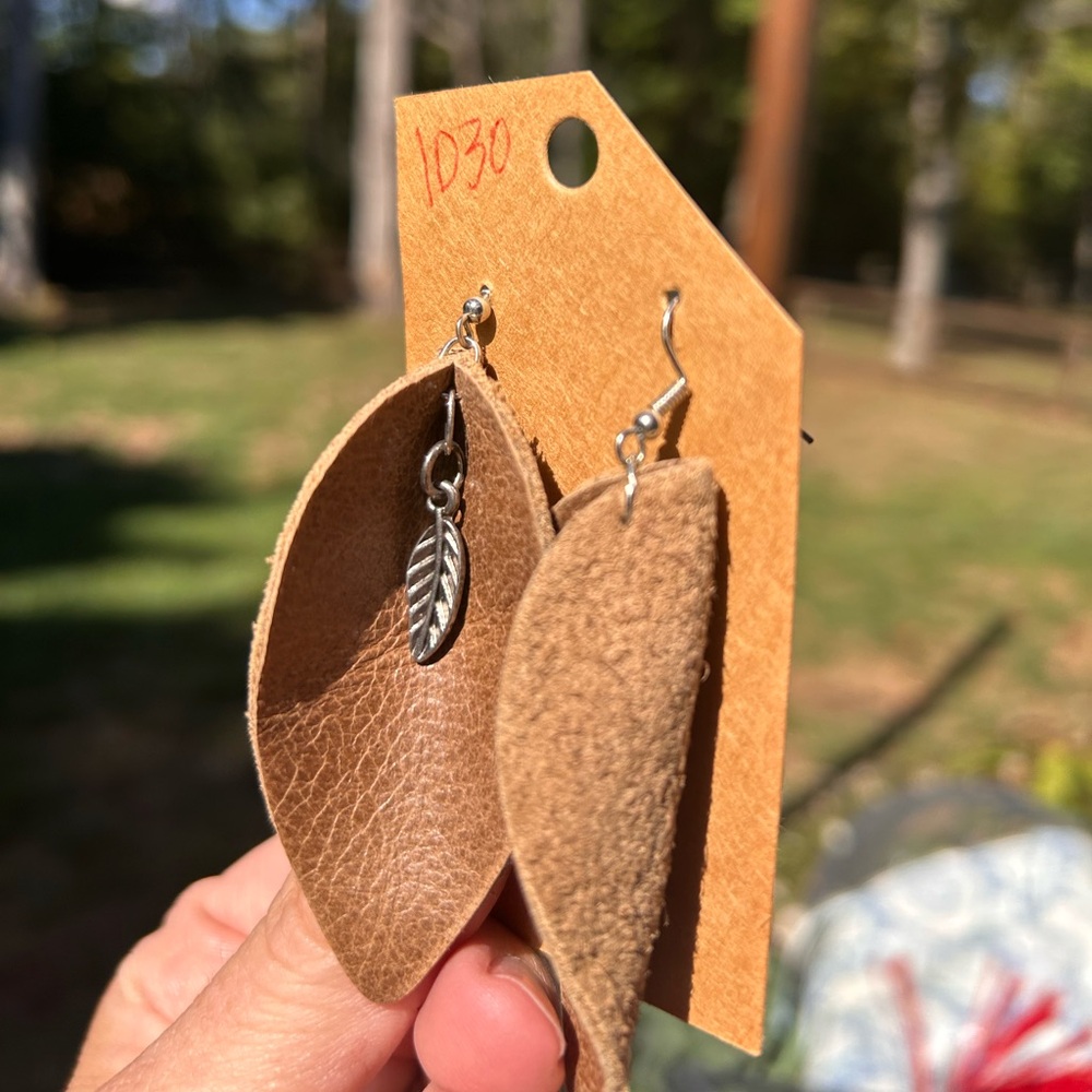 Brown Leather Earrings with Silver leaf accents